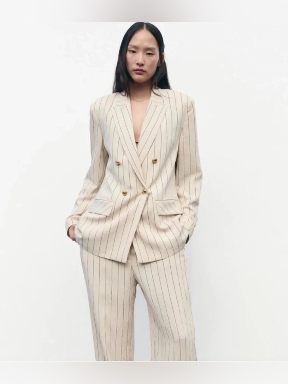 Zara Double-Breasted Cream Pinstripe Blazer